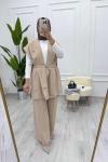 Kadın İpek Kupra Kumaş İkili Yelekli Takım Kuşaklı Yelek - Lastikli Pantolon Bej
