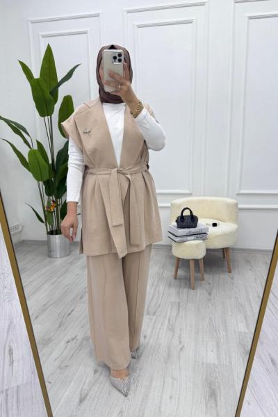 Kadın İpek Kupra Kumaş İkili Yelekli Takım Kuşaklı Yelek - Lastikli Pantolon Bej