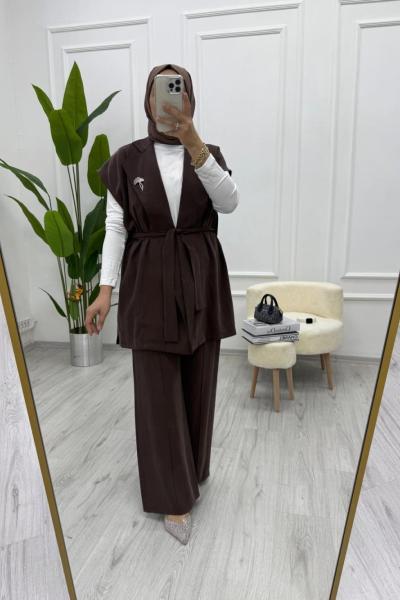 Kadın İpek Kupra Kumaş İkili Yelekli Takım Kuşaklı Yelek - Lastikli Pantolon Kahverengi