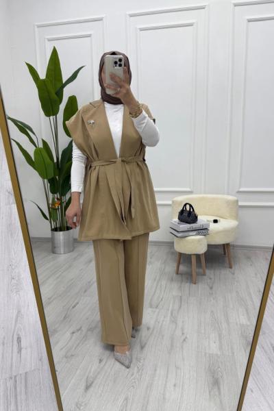 Kadın İpek Kupra Kumaş İkili Yelekli Takım Kuşaklı Yelek - Lastikli Pantolon Yağ Yeşili