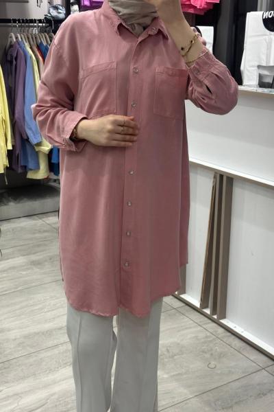 Cep Detaylı Tensel Gömlek Lacivert Pudra