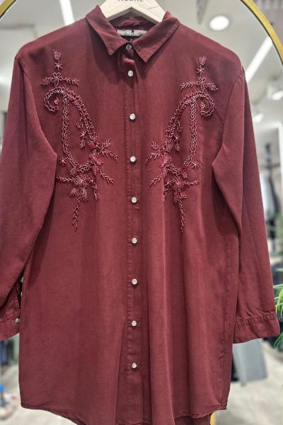 Nakış Detaylı Tensel Gömlek  Bordo