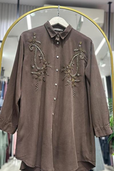 Nakış Detaylı Tensel Gömlek  Kahverengi