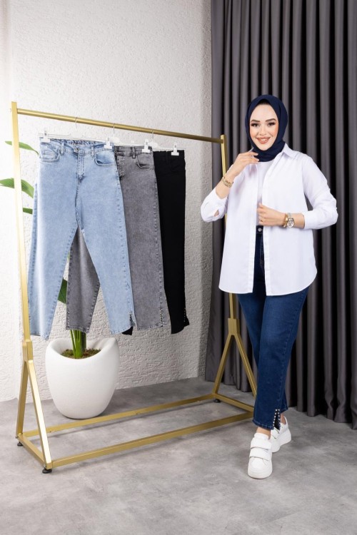 Taş Detaylı Yırtmaçlı Kot Pantolon Gri