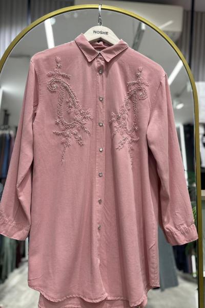 Nakış Detaylı Tensel Gömlek  Pembe
