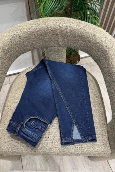 Önden Yırtmaç Detaylı Taşlı Full Likralı Kot Pantolon Lacivert