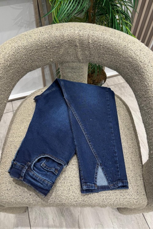 Önden Yırtmaç Detaylı Taşlı Full Likralı Kot Pantolon Lacivert