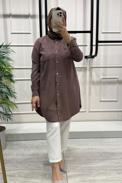 Cep Detaylı Tensel Gömlek Kahverengi