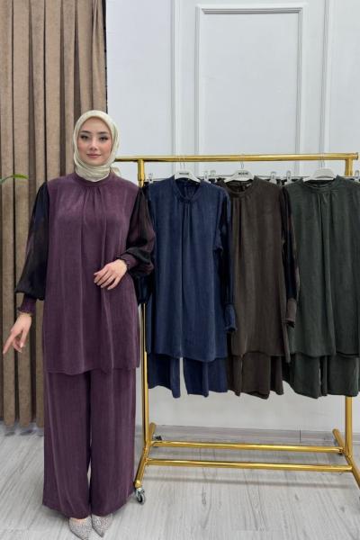 Orijinal İpek Kupra Kumaş Desenli Yan Detaylı Pantolonlu İkili Takım Kahverengi