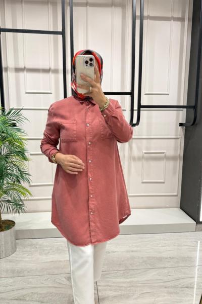 Cep Detaylı Tensel Gömlek Gül