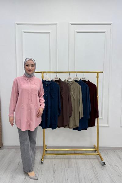 Yıldız Nakışlı Tensel Yazlık Kadın Gömlek olive yeşili