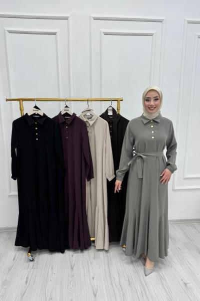 Önden Çıtçıtlı İpek Kupra Elbise olive yeşili