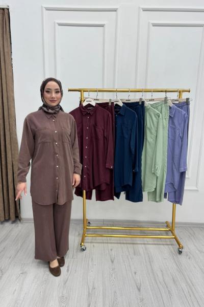 Tensel Kumaş İkili Takım Lastikli Pantolonlu Yazlık ve Mevsimlik Kahverengi