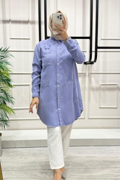 Yıldız Nakışlı Tensel Yazlık Kadın Gömlek Lila