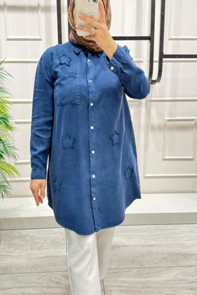 Yıldız Nakışlı Tensel Yazlık Kadın Gömlek Lacivert