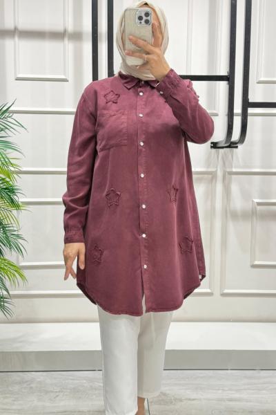 Yıldız Nakışlı Tensel Yazlık Kadın Gömlek Bordo
