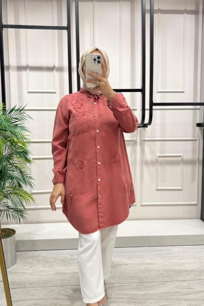 Yıldız Nakışlı Tensel Yazlık Kadın Gömlek Gül