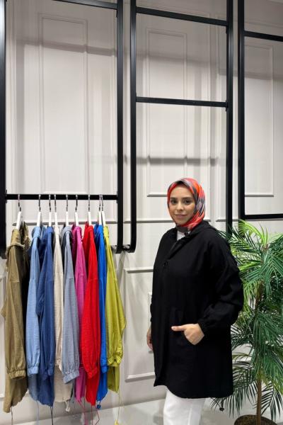 Çilek Kumaştan Üretilmiş Yazlık Rahat Kalıp Cepli Stoperli Kap  Siyah