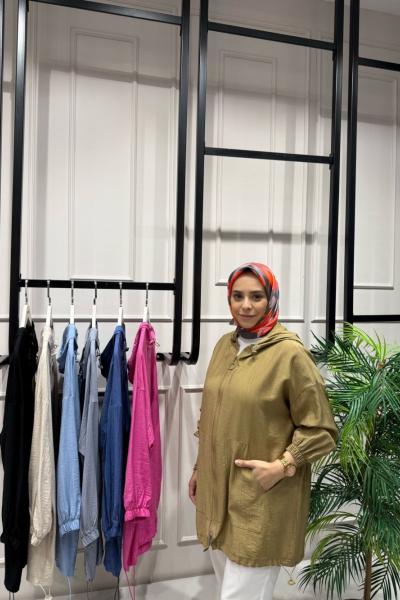 Çilek Kumaştan Üretilmiş Yazlık Rahat Kalıp Cepli Stoperli Kap  olive yeşili