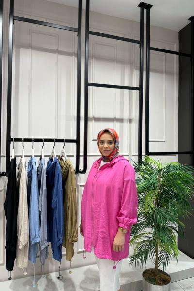 Çilek Kumaştan Üretilmiş Yazlık Rahat Kalıp Cepli Stoperli Kap  Pembe