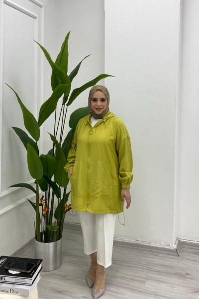 Çilek Kumaştan Üretilmiş Yazlık Rahat Kalıp Cepli Stoperli Kap  Yağ Yeşili