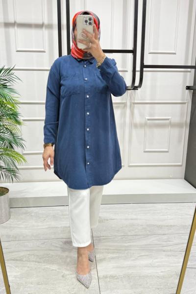 Cep Detaylı Tensel Gömlek Lacivert