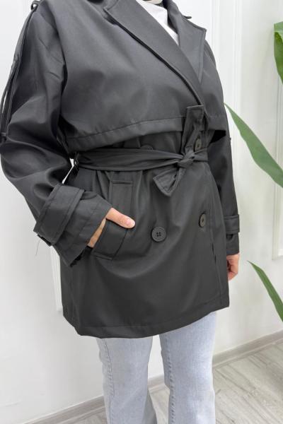 Bağlamalı Trenç Kot  Siyah