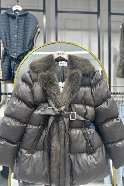 Belden Bağlamalı Kürk Detaylı Şişme Mont  Kahverengi