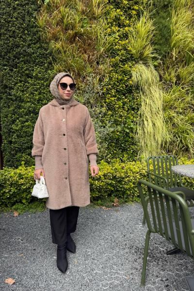 Düğmeli Angora Kaban  Sütlü Kahve