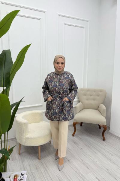 Etnik Desenli Kapitone Ceket Lacivert