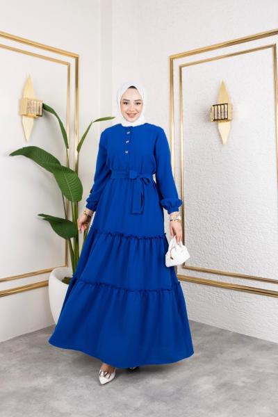 Fiyonk Düğme Detaylı Uzun Elbise Saks Mavisi