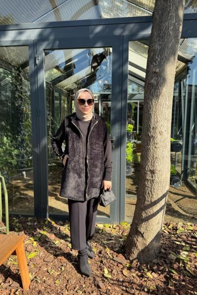Kadın Angora Kapşonlu Fermuarlı yelek Siyah