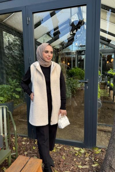 Kadın Angora Kapşonlu Fermuarlı yelek Bej