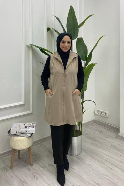 Kadın Pırıltılı Kordonlu File Astarlı Cepli Uzun yelek Sütlü Kahve