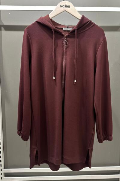 Kapüşon Detaylı Fermuarlı Ceket Bordo