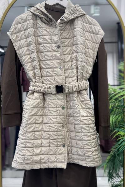 Kemer ve Stoper Detaylı Kapitone Yelek Bej