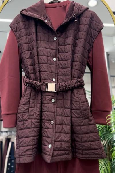 Kemer ve Stoper Detaylı Kapitone Yelek Mürdüm