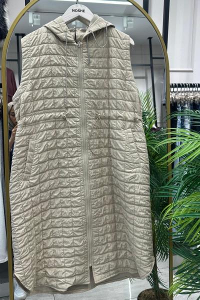 Parıltılı Kordon Detaylı Kadın Uzun Yelek Bej