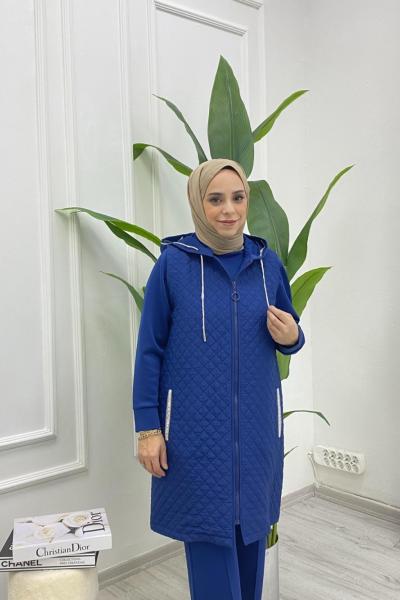 Taş Detaylı Kapşonlu Kapitone Yelek Saks Mavisi