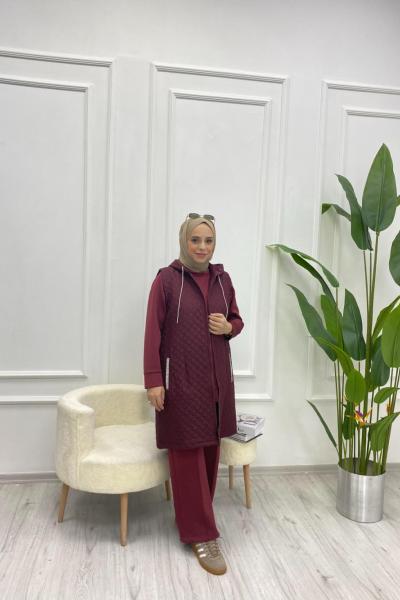 Taş Detaylı Kapşonlu Kapitone Yelek Bordo