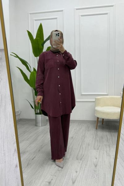 Tensel Kumaş İkili Takım Lastikli Pantolonlu Yazlık ve Mevsimlik Bordo