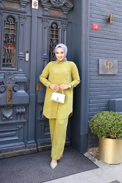 Tensel Kumaş İkili Takım Lastikli Pantolonlu Yazlık ve Mevsimlik Koyu Yeşil