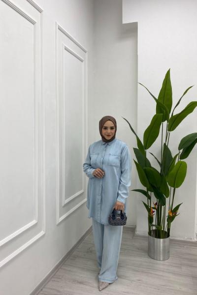 Tensel Kumaş İkili Takım Lastikli Pantolonlu Yazlık ve Mevsimlik Mavi