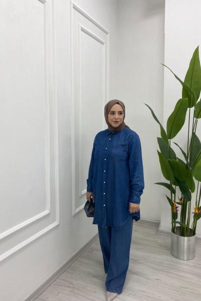 Tensel Kumaş İkili Takım Lastikli Pantolonlu Yazlık ve Mevsimlik Lacivert