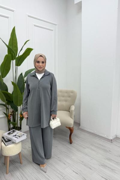 Yarım Fermuarlı Oysho Kumaş İkili Takım Gri