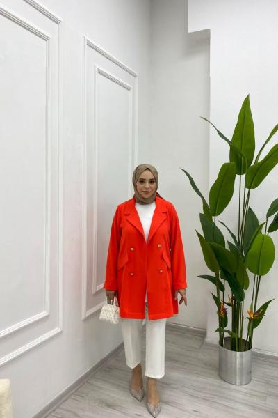 Yazlık İnce Ceket Süs Cepli Düğme Detaylı Turuncu