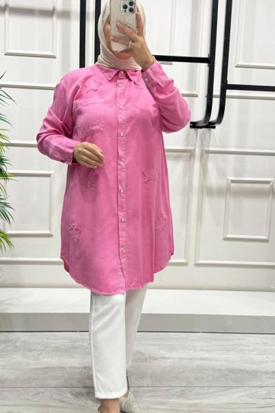 Yıldız Nakışlı Tensel Yazlık Kadın Gömlek Pembe