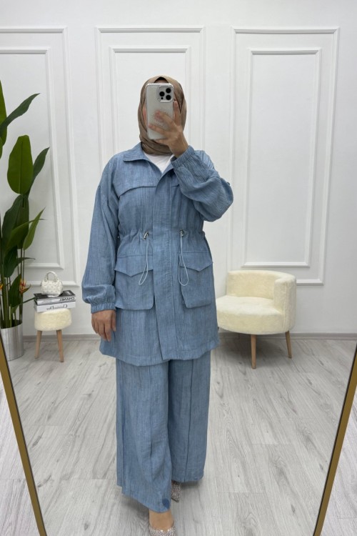 Batik Desenli Çilek Kumaş Takım Mavi