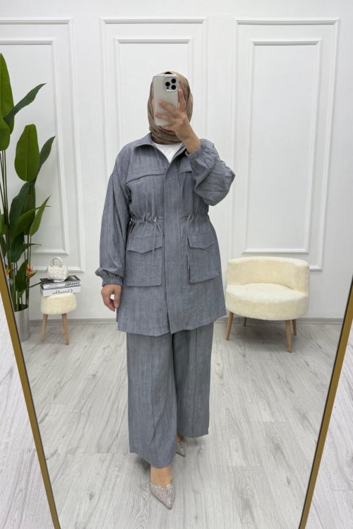 Batik Desenli Çilek Kumaş Takım Gri