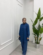 Tensel Kumaş İkili Takım Lastikli Pantolonlu Yazlık ve Mevsimlik Lacivert